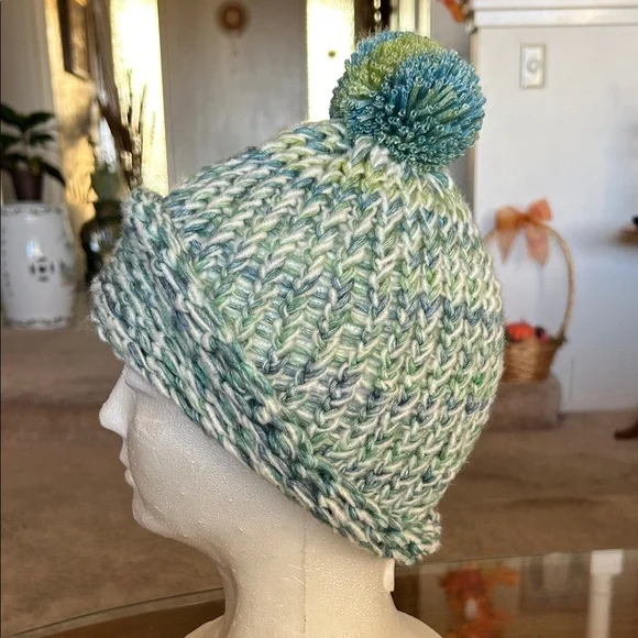 Handmade Blue and Green Knit Beanie - Picture 2 of 10